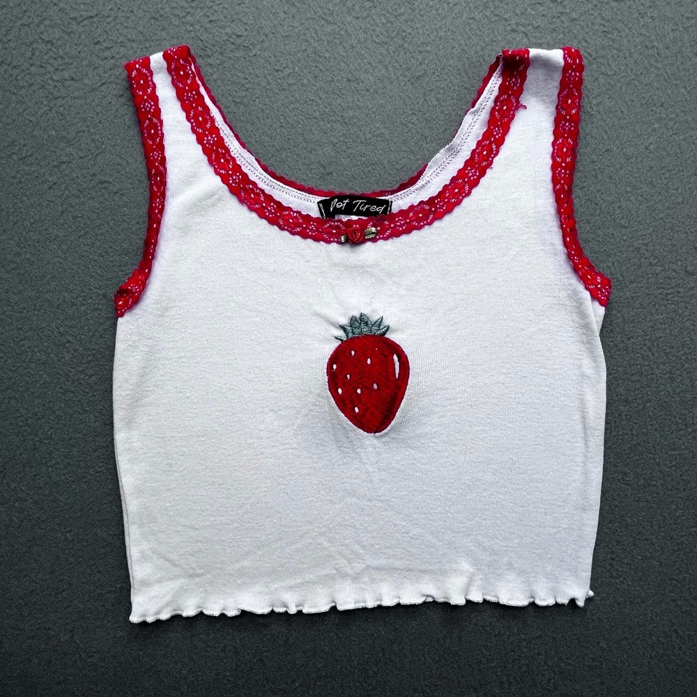Y2K Strawberry Babydoll Lace Trim Tank Top dollette Coquette White Red Small